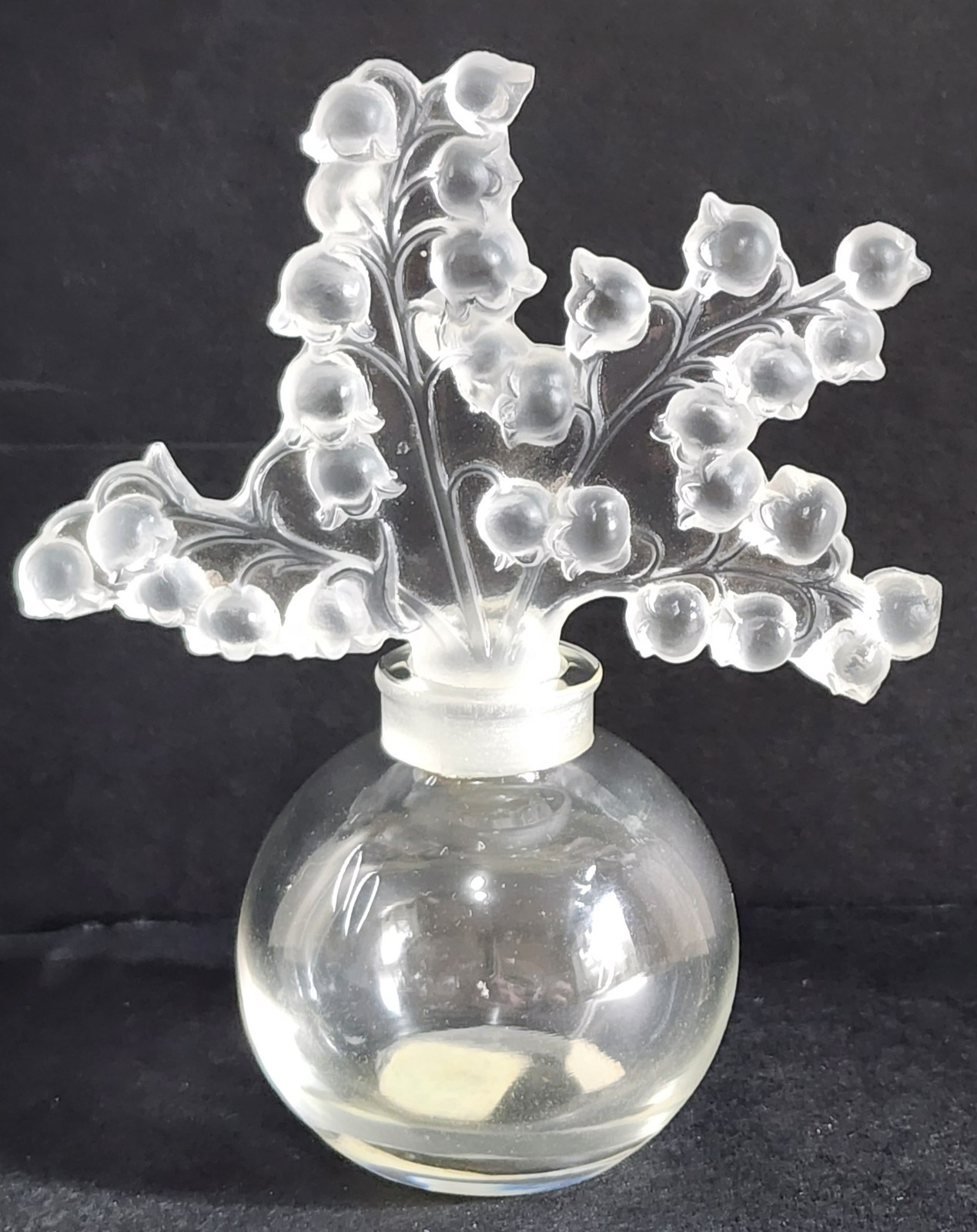 RARE Vtg Lily‑of‑the‑Valley Perfume Bottle Frosted Floral Stopper Clear Glass