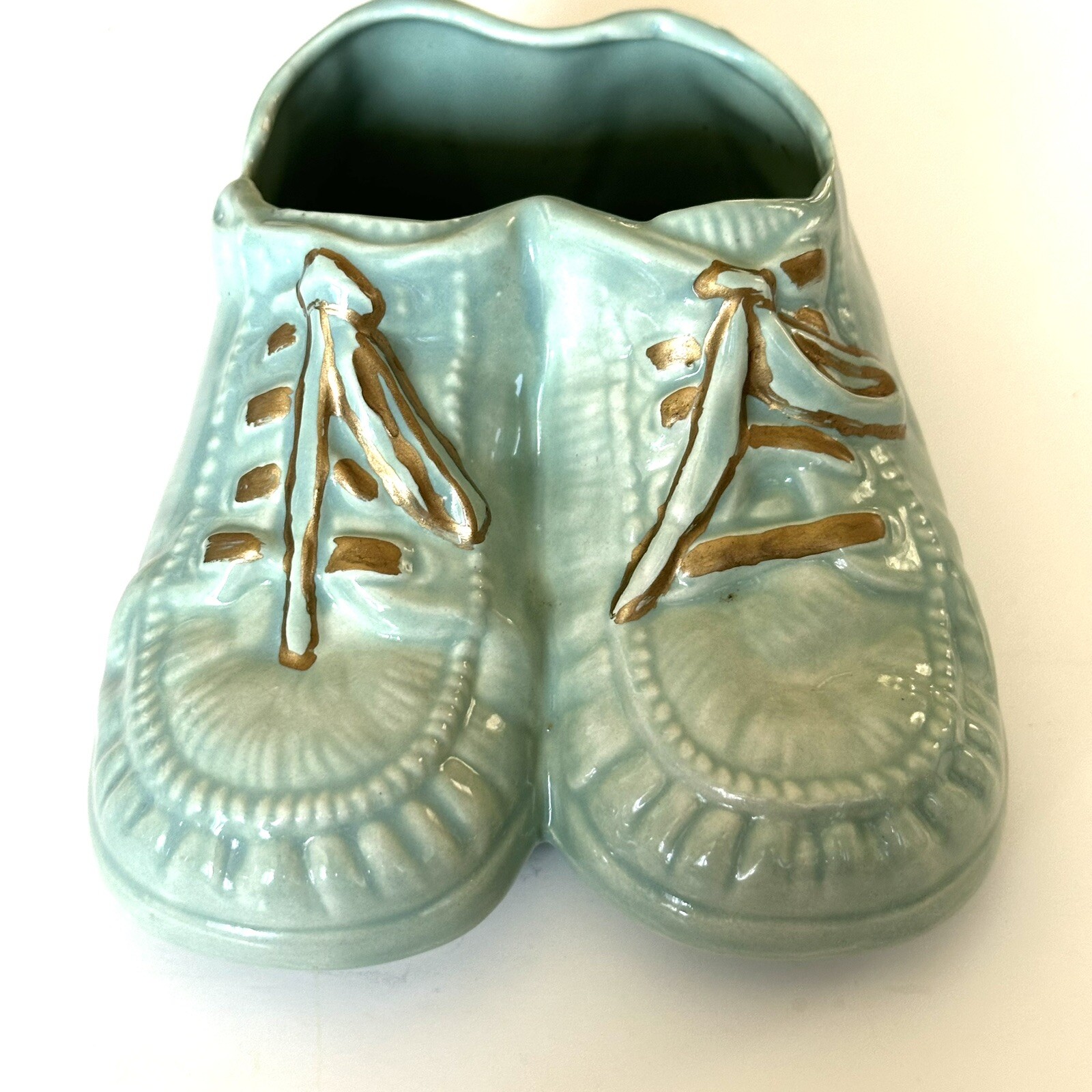 Vintage Creek Turn Pottery Planter Green Baby Shoes With Gold Accent Laces