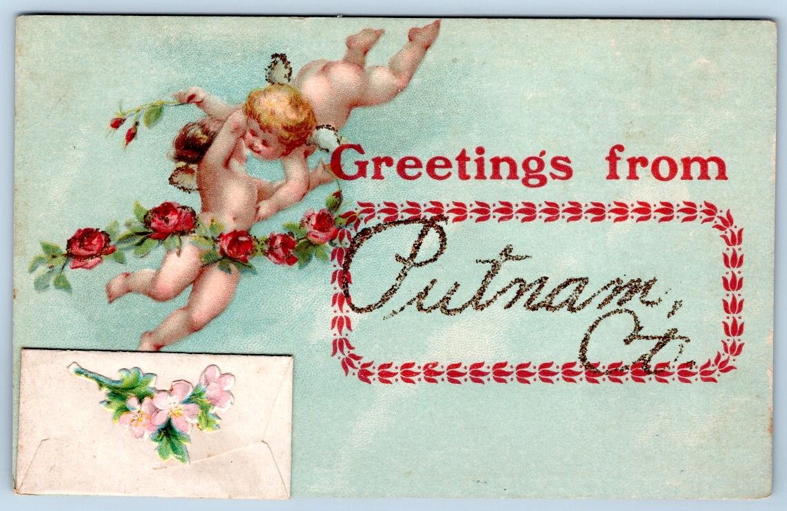 Pre-1907 GREETINGS from PUTNAM CONNECTICUT CHERUBS ADD-ON TINY ENVELOPE POSTCARD