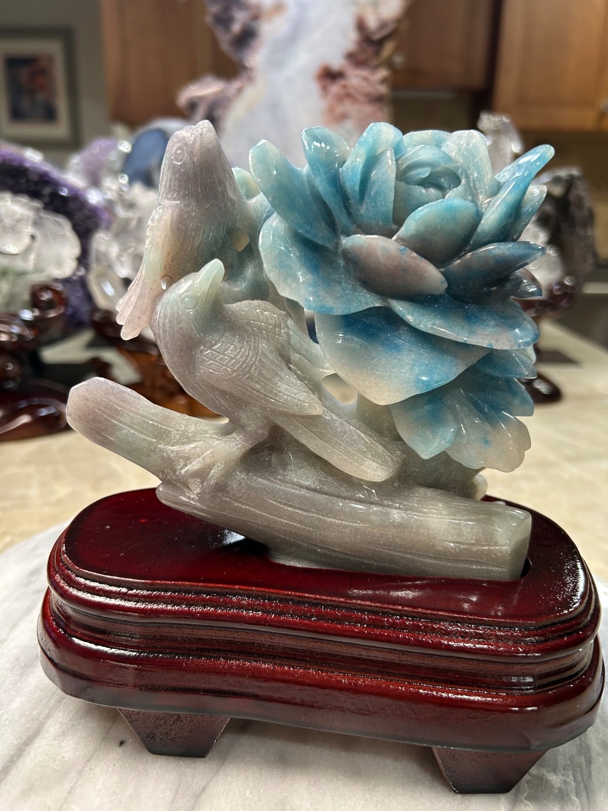 Hand carved Trolleite flower and birds with custom wood stand large