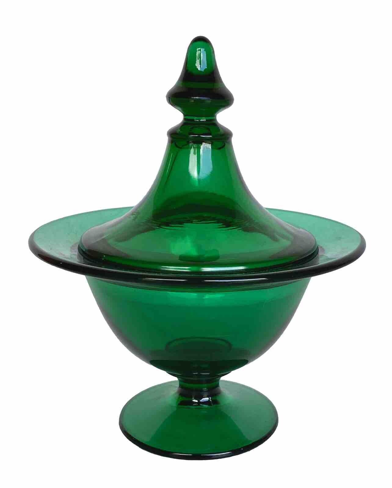 Vintage MCM Emerald Green Glass Pedestal Compote/Candy Dish With Lid