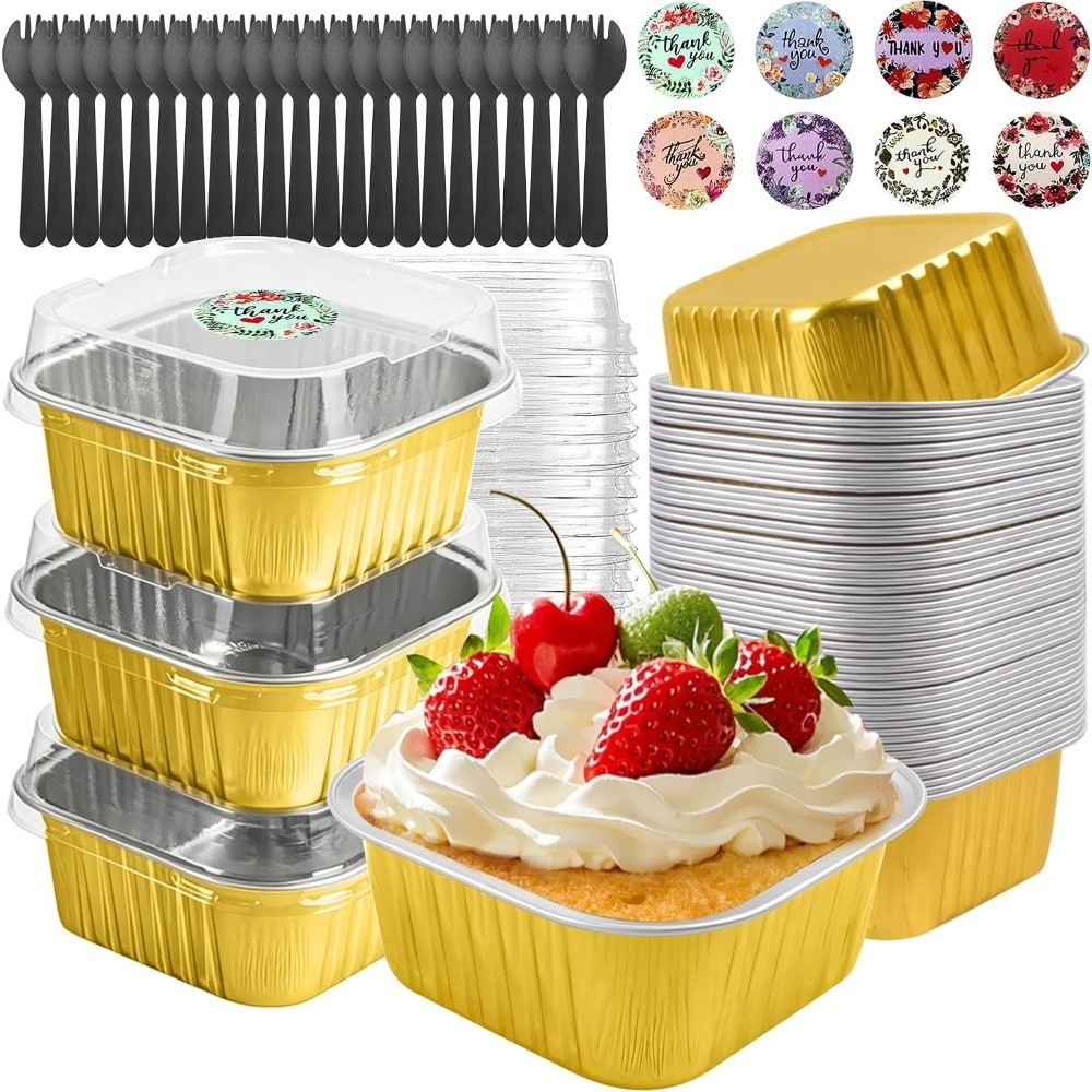 Mini Cake Pans with Lids, Square, 30 Pack, 5 oz, Gold Disposable Ramekins with