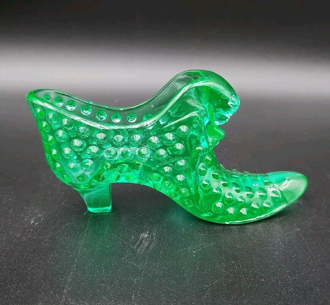 Vintage Fenton Glass Shoe Cat Head Art Figurine Hobnail Emerald Green 