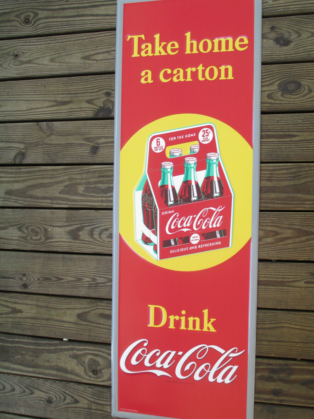 Coca-Cola Tall 54 inch Embossed Steel Sign Red Take Home A Carton Retro