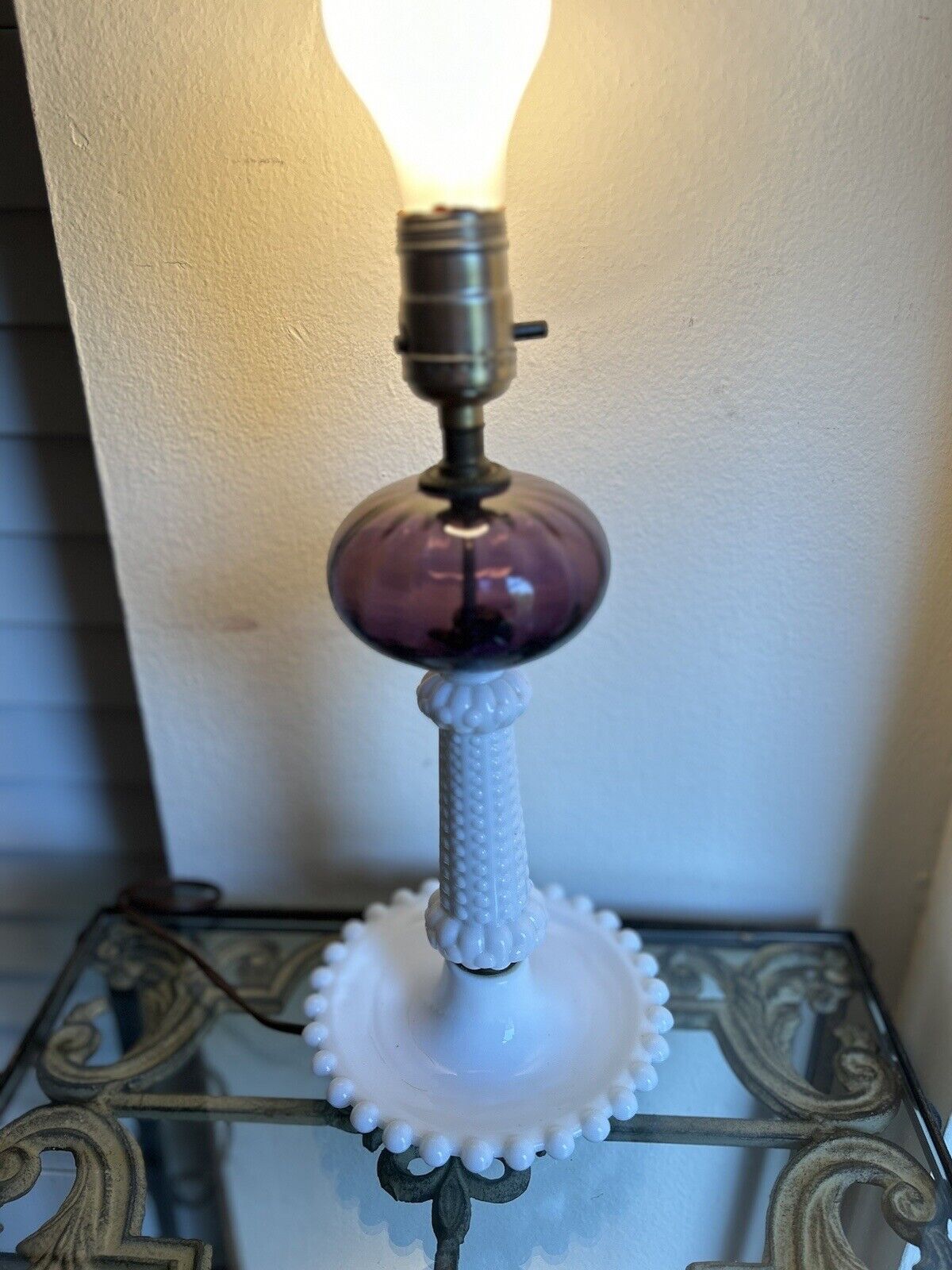 Vintage Purple Glass And Hobnail Milk Glass Lamp