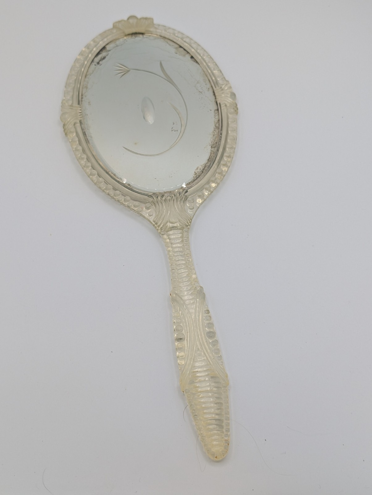 Vintage MCM 1950s Dbl Sided Lucite Vanity Mirror Handheld Etched Floral 13.5 Vintage MCM 1950s Dbl Sided Lucite Vanity Mirror Handheld Etched Floral 13.5