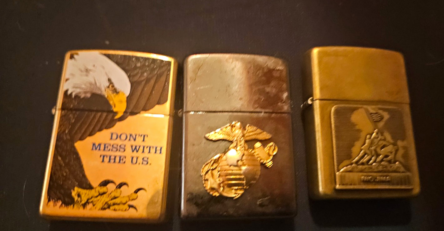 Zippo Lot of 3 Flip Top Lighters Warning Labels Military, Eagle & Flag Themed