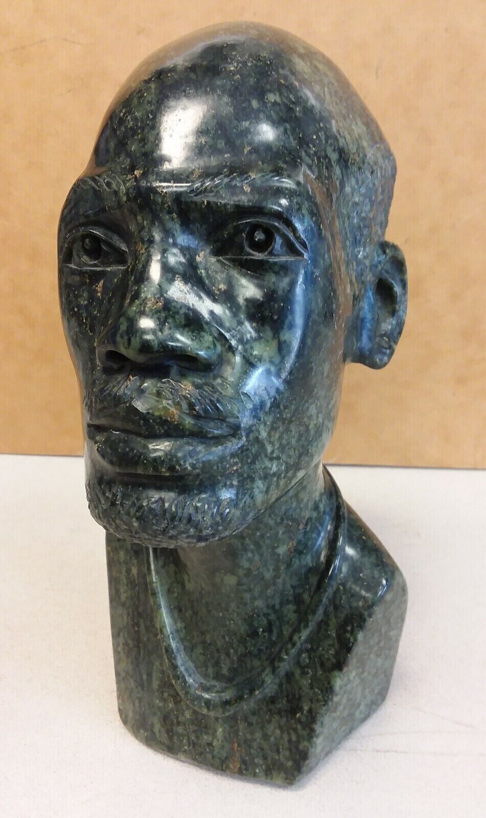 African Serpentine MAN BUST Shona Stone Carved Signed Sculpture ZIMBABWE
