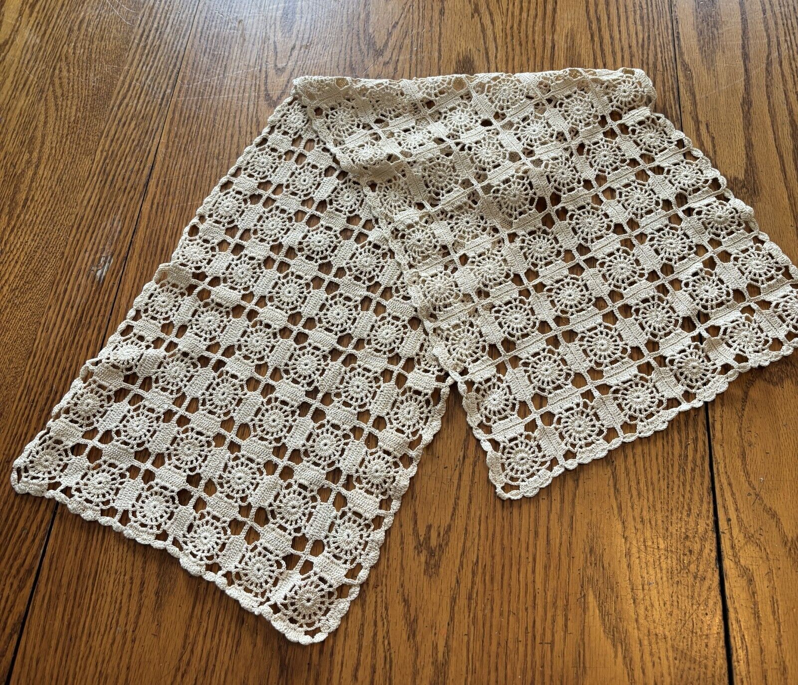Charming Vintage Ecru Handmade Crocheted Rectangle Doily Runner 11 x 32
