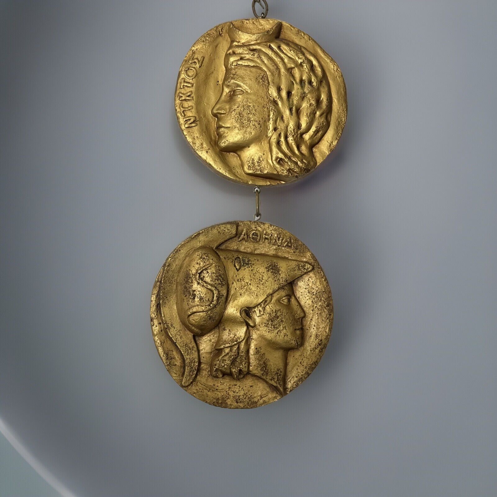 2 Vintage Gold-tone Greek Plaster Profile Medallion Wallhanging Plaque 9.5” 2 Vintage Gold-tone Greek Plaster Profile Medallion Wallhanging Plaque 9.5”