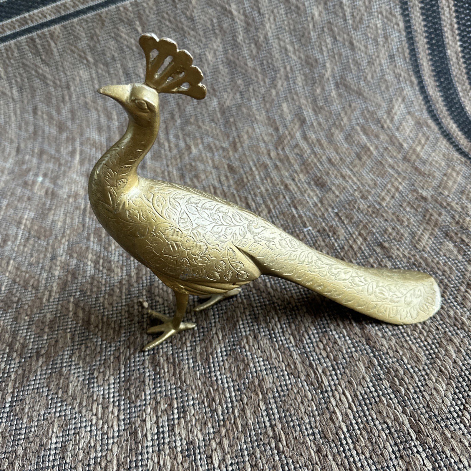 Etched Brass Vintage Peacock Figurine Statuette Made In India Mid Century Modern