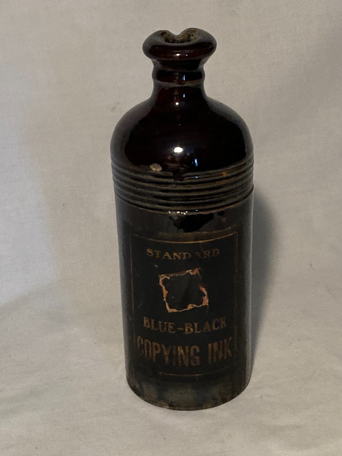 c1890s Standard Blue Black Copying Ink Stoneware Master Ink Bottle with Label