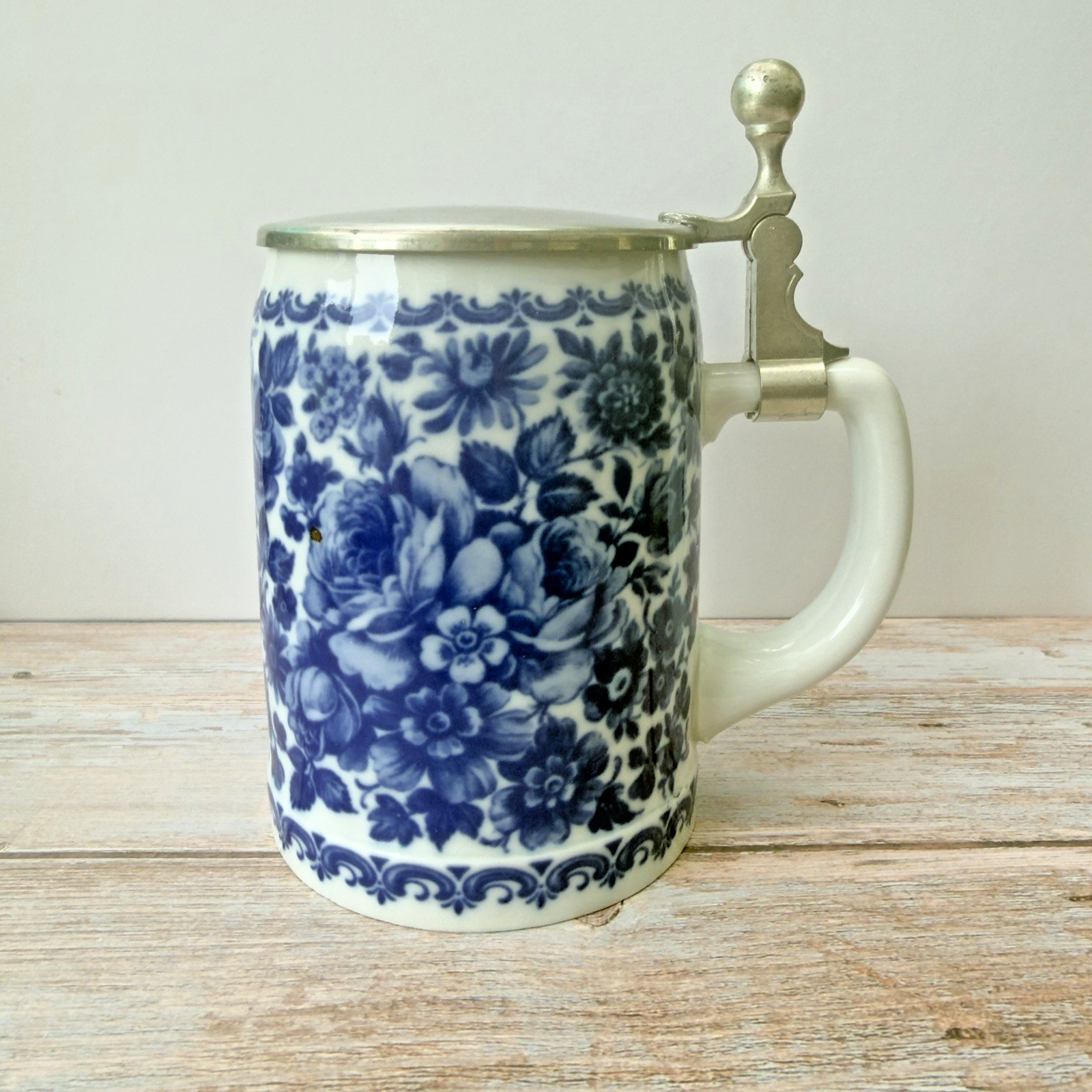 VTG BMF West Germany Ceramic Beer Stein Blue Floral Pewter Lid 6.5in