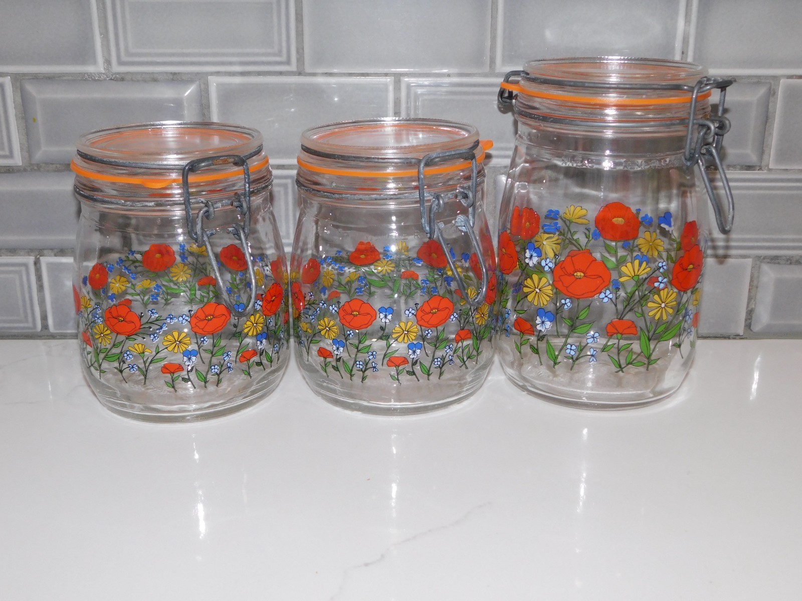 VTG R. CARMEN WILD POPPY 3 JARS CANISTERS HINGED LID ARC FRANCE FLOWER