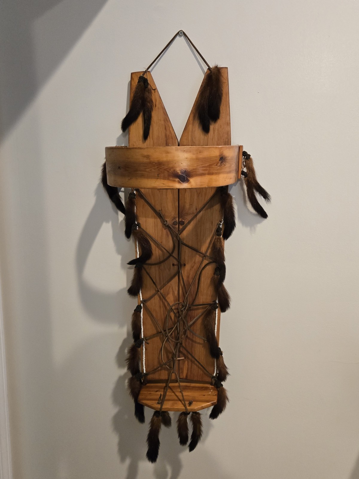 Vintage Native American Navajo-style Cedar Cradle Board Mink Tails Glass Beads