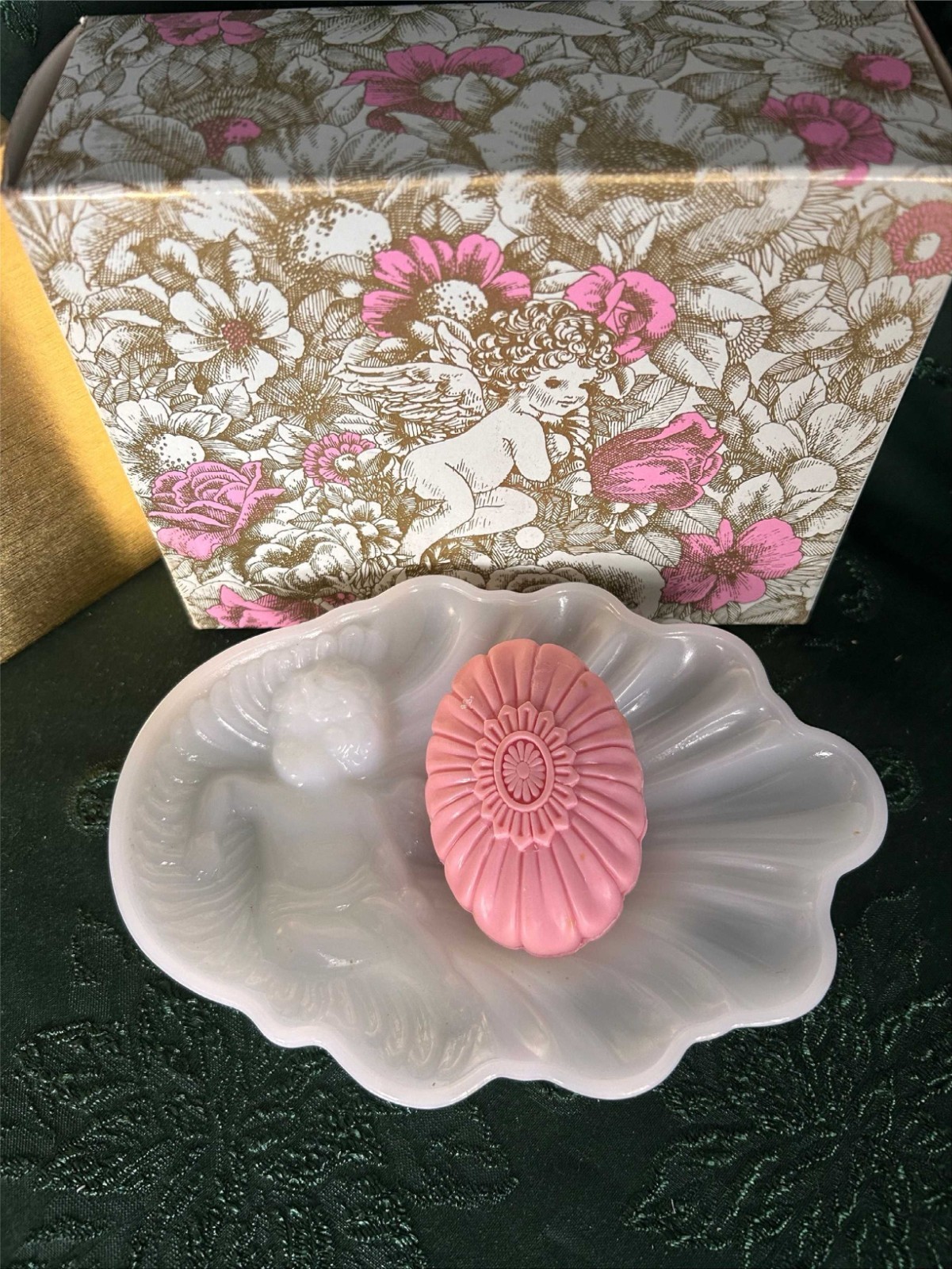 1960's Avon Heavenly MILK GLASS Angel Cherub TRINKET - SOAP DISH & 2 Soaps