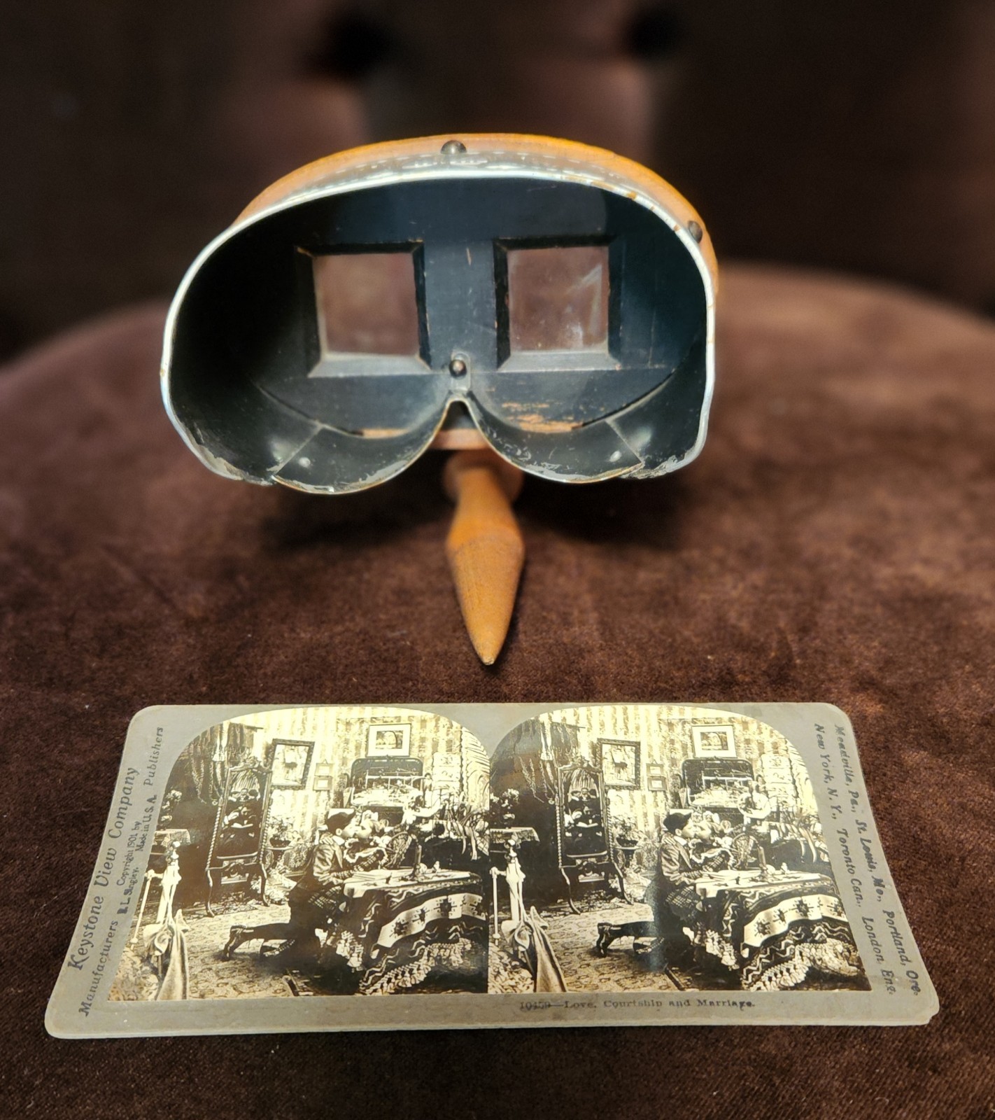 Antique 1897 Stereoscope Card Viewer With Etched Housing And One Card As Is