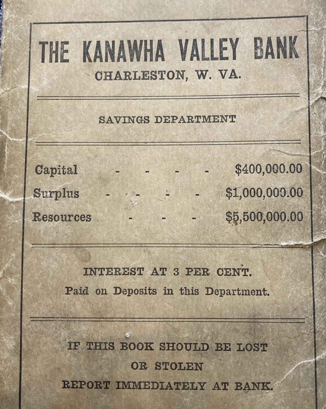 Charleston West Virginia Kanawha Valley Bank Book Envelope Early 1900s Charleston West Virginia Kanawha Valley Bank Book Envelope Early 1900s