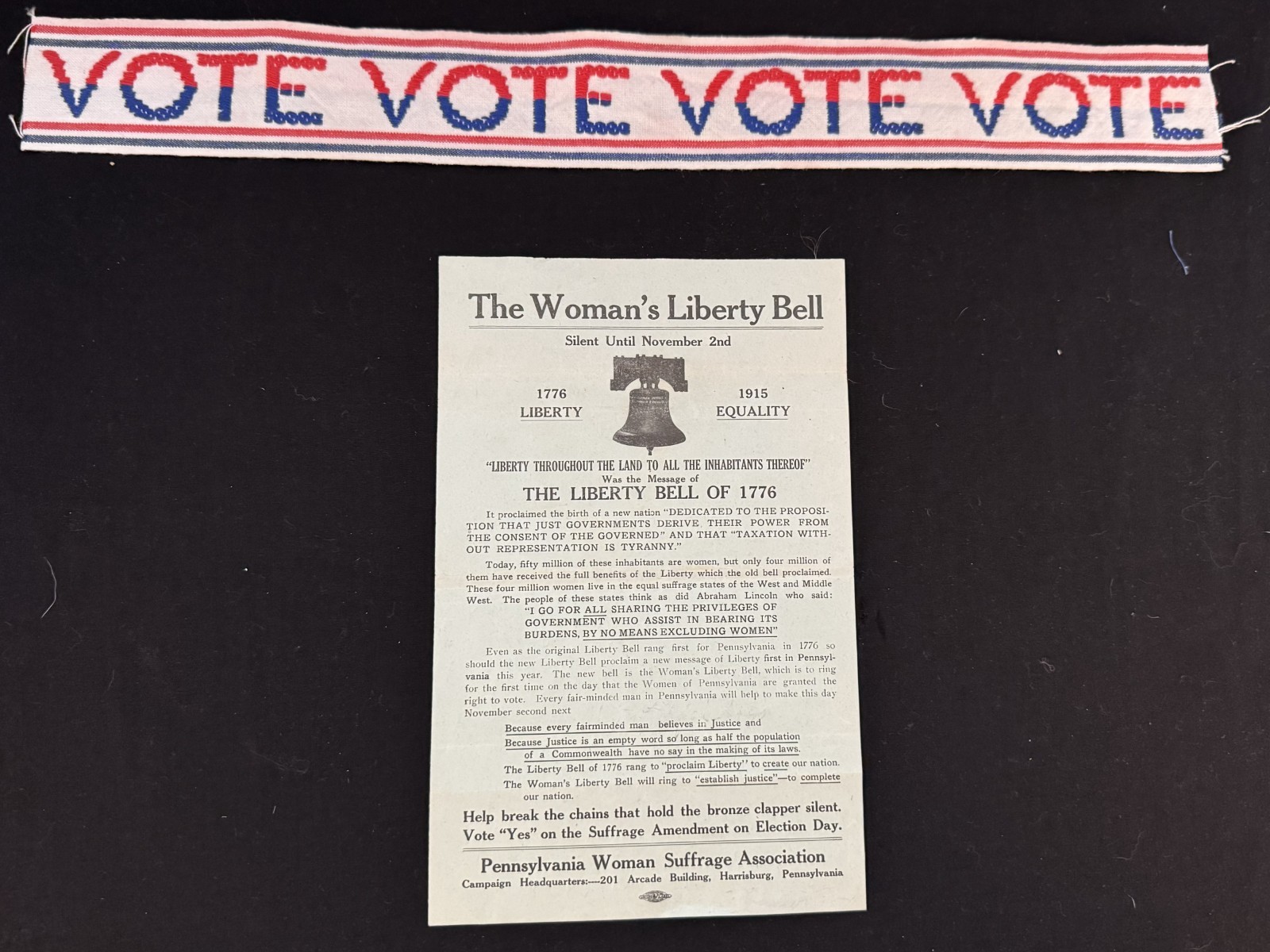 Antique 1915 Women\'s Liberty Bell Justice Bell Suffrage Leaflet + VOTE Ribbon