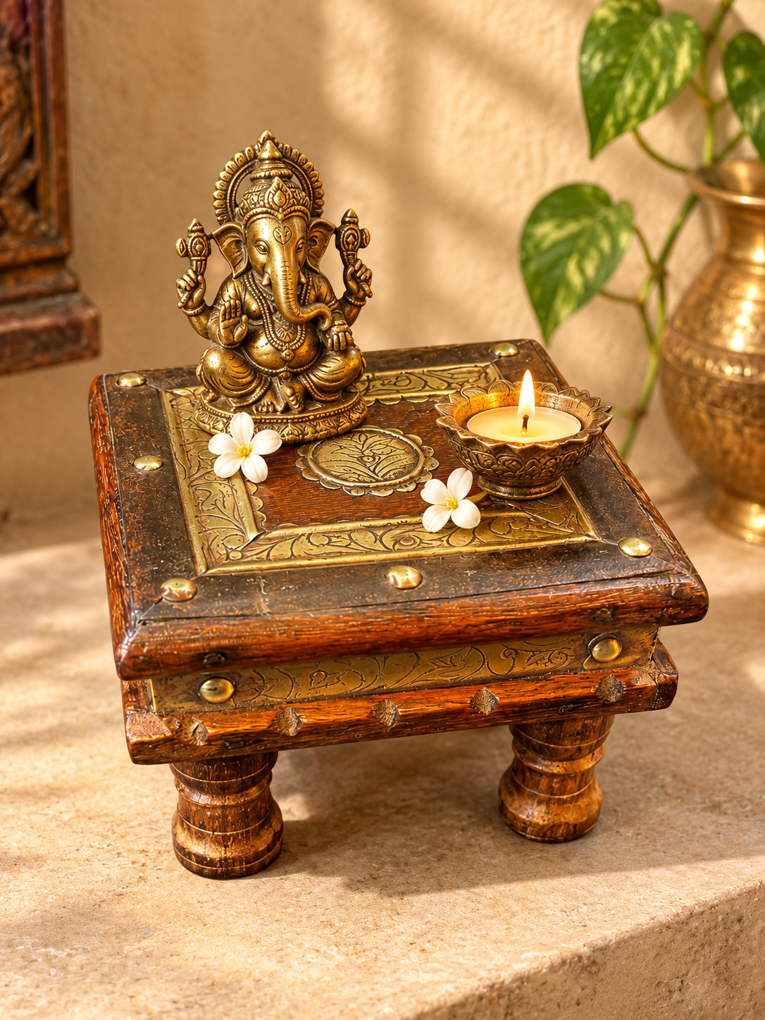 Handcrafted Wooden Pooja Chowki Bajot | Brass Inlay Prayer Altar Puja Stand