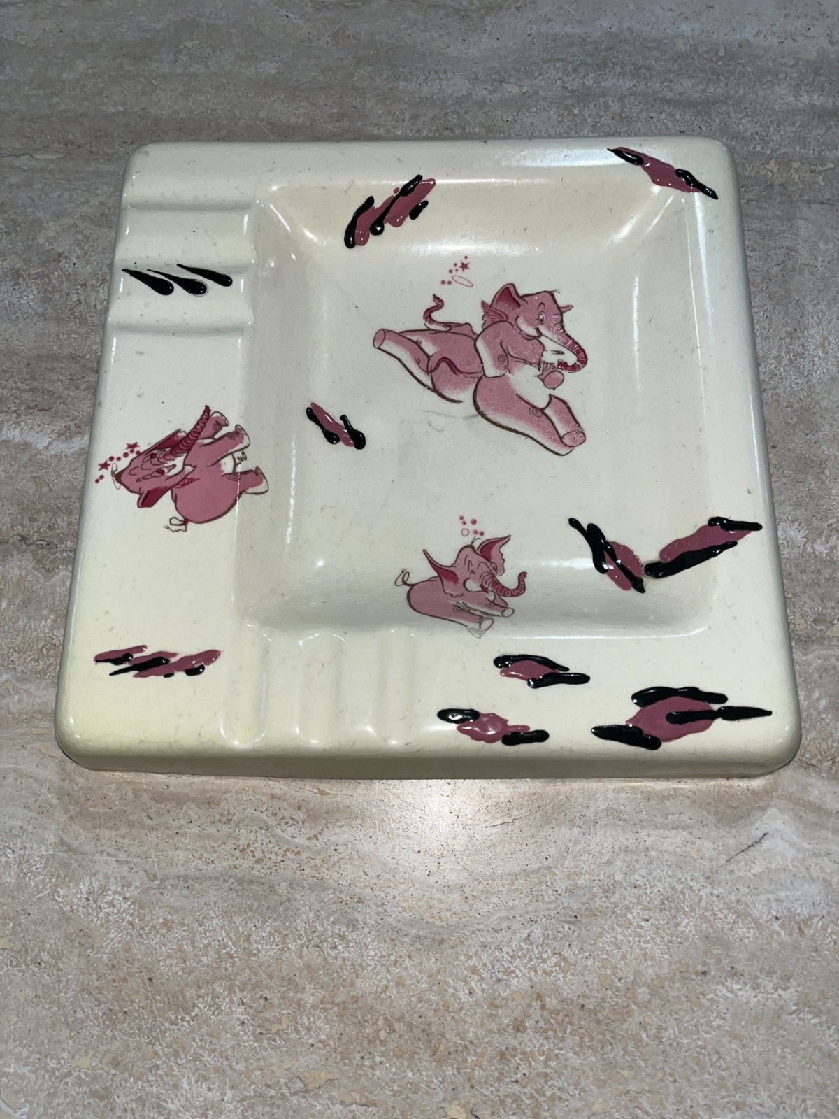 Rare Unmarked 1953 Disney Dumbo Pink Elephants Ceramic Ashtray Mid Century MCM