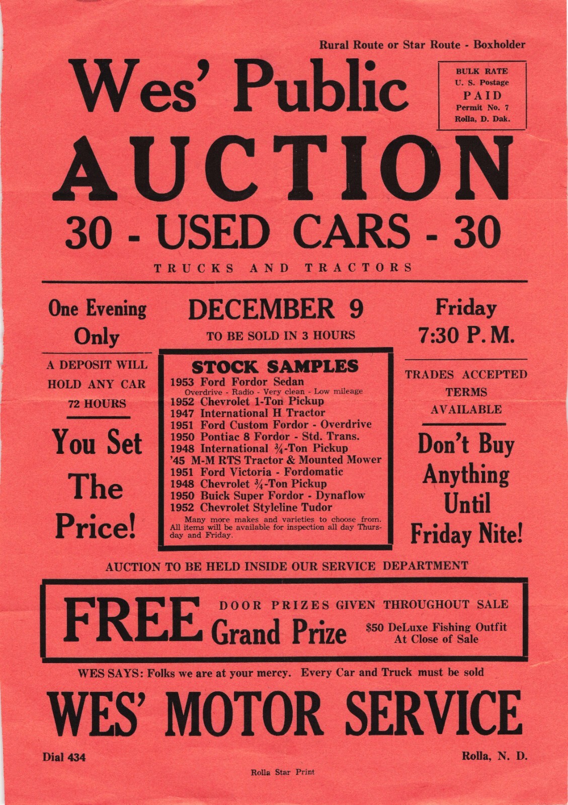 Vintage Wes' Motor Service Public Auction Cars Trucks & Tractors Rolla ND Flyer