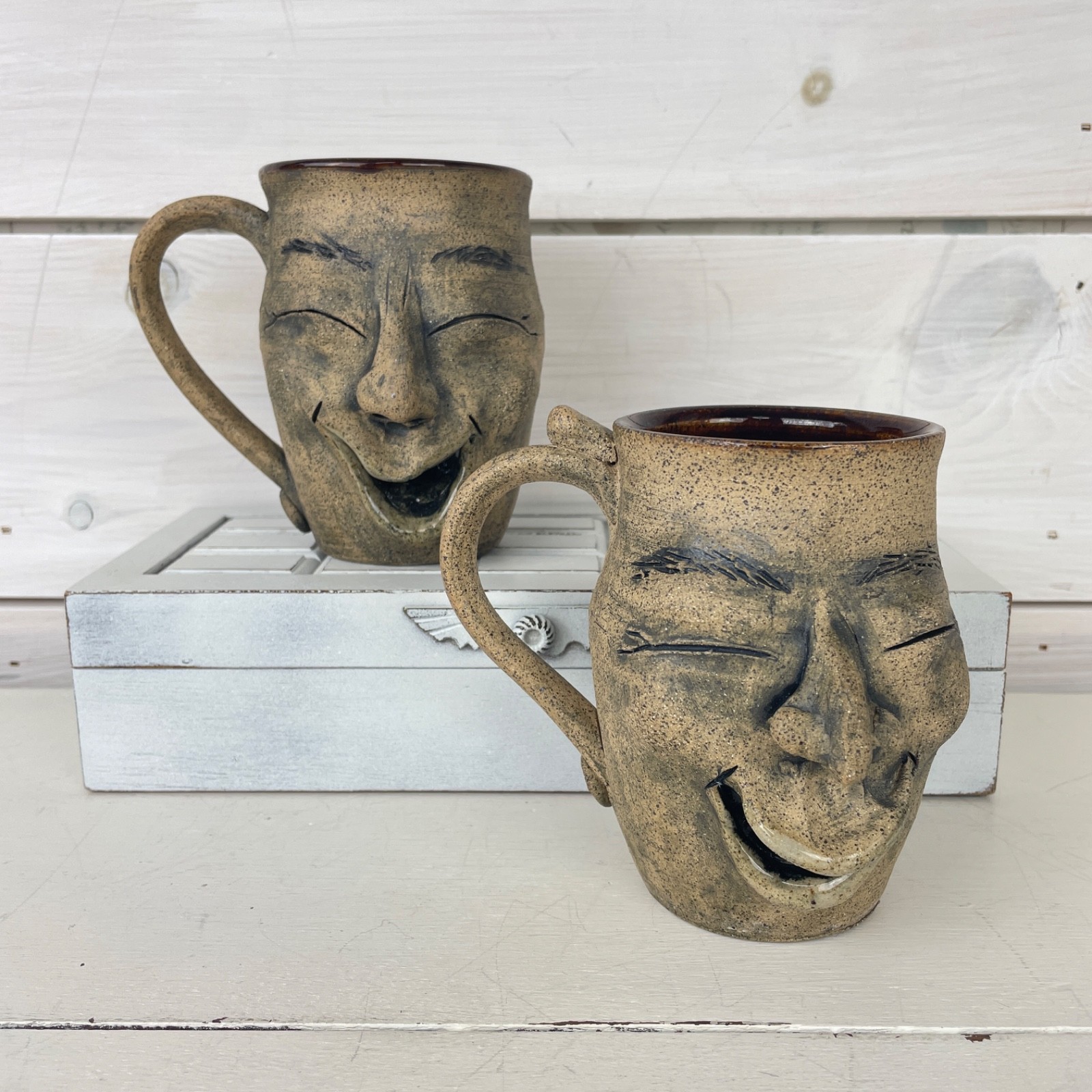 Hand Crafted Artisan Mugs Sculpted Stoneware Faces Vintage 1970s-80s - Pair
