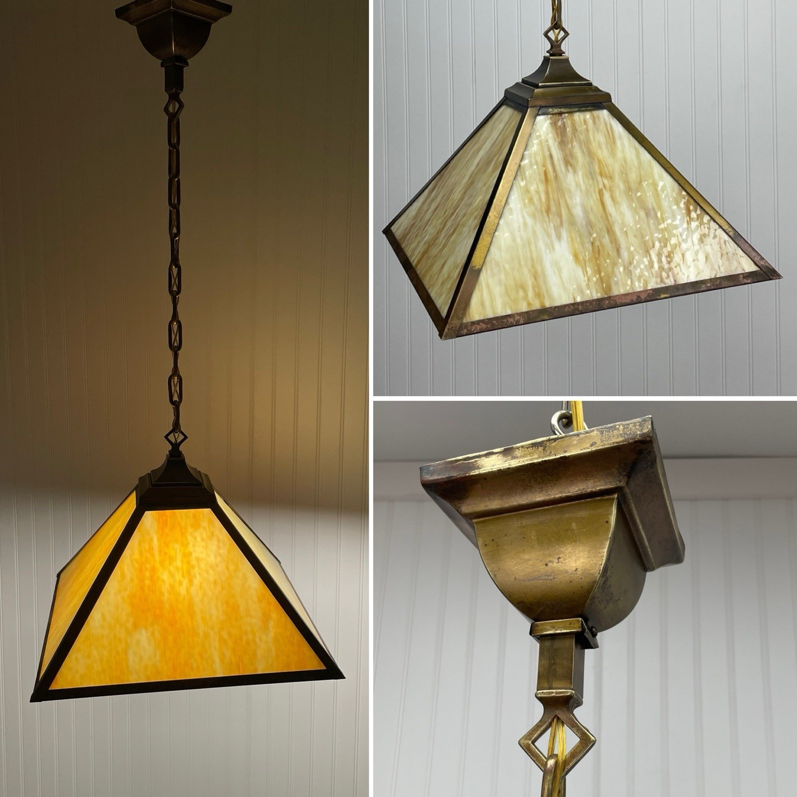 REWIRED Antique Vtg Pendant Light Arts Crafts Chandelier Slag Glass Mission Deco