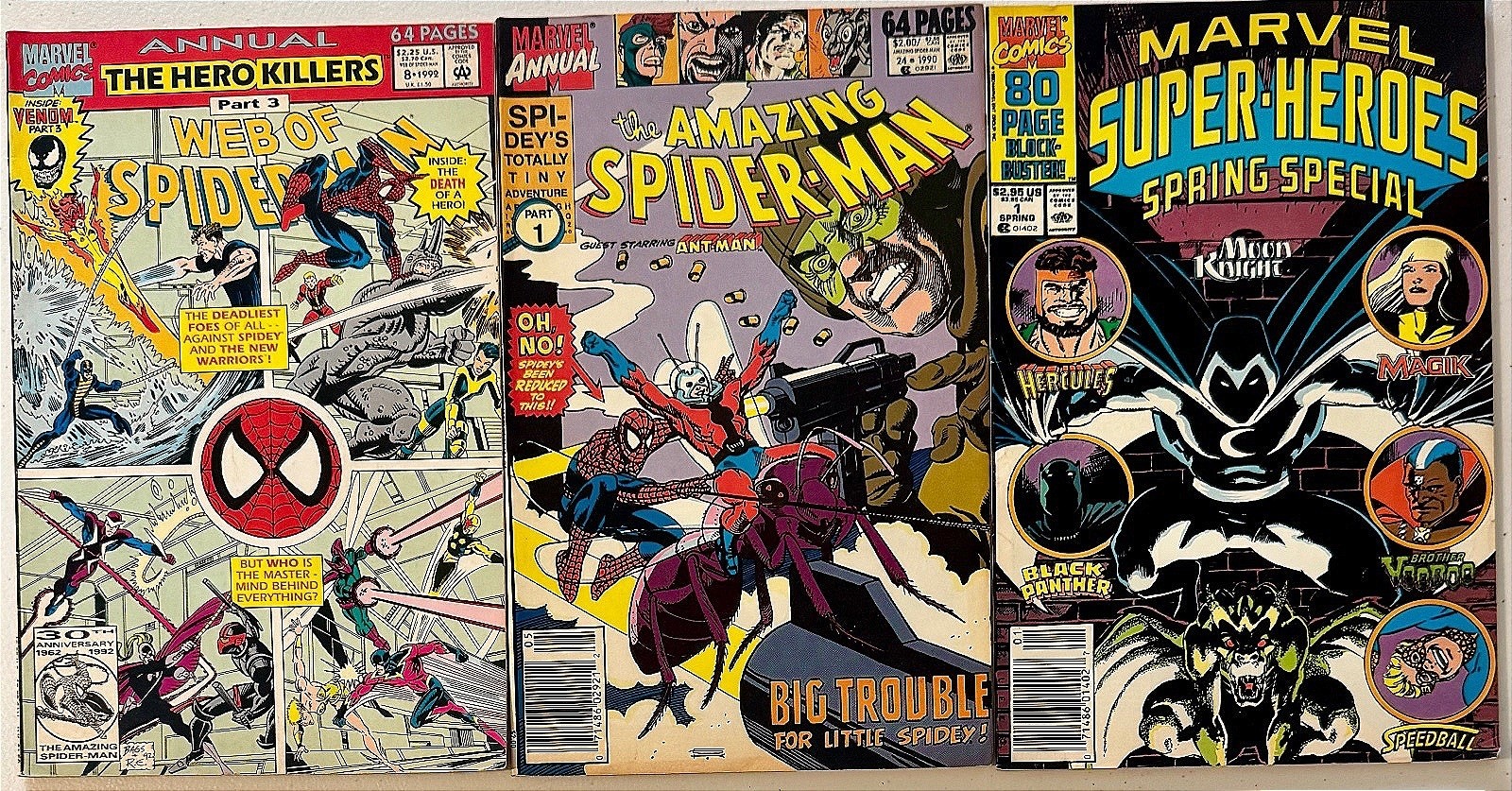 3 Vtg 1990s Marvel Comics Super Heroes Spring #1 Spiderman #24 & Web of #8 VG