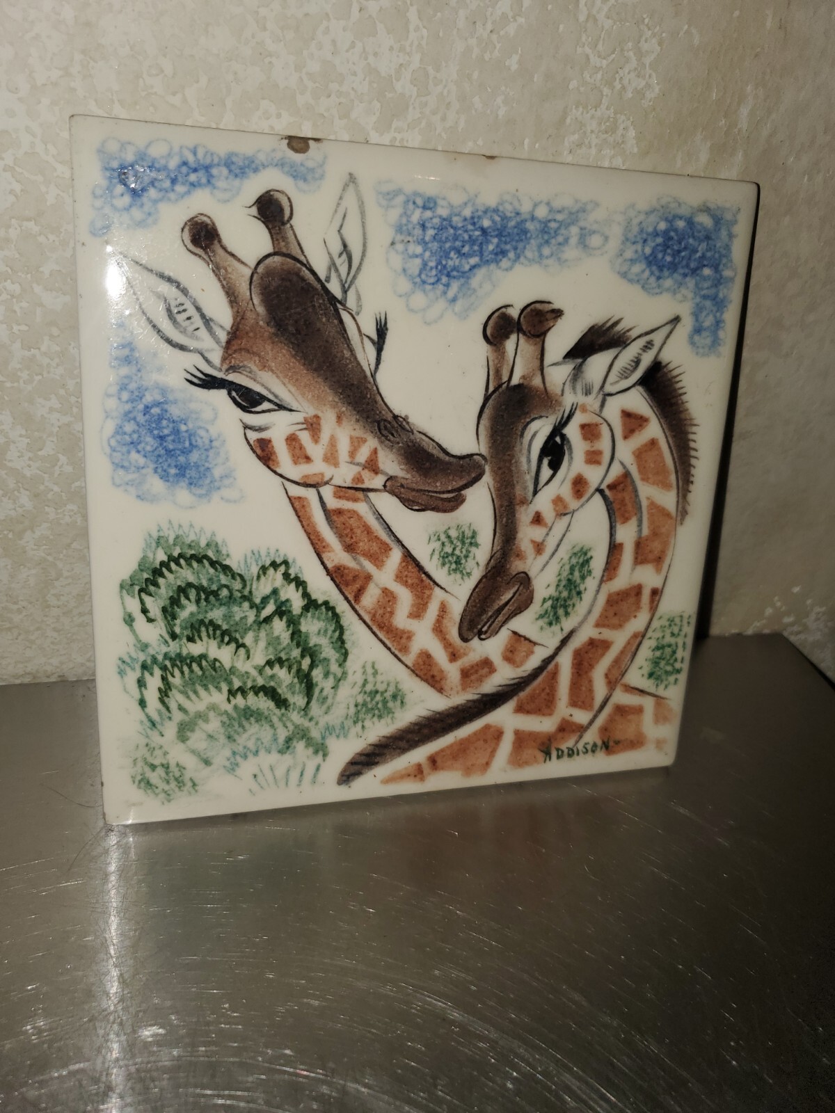 Two Giraffes On Tile / Coaster / Trivet. Adorable Artwork. Signed. AS IS Two Giraffes On Tile / Coaster / Trivet. Adorable Artwork. Signed. AS IS