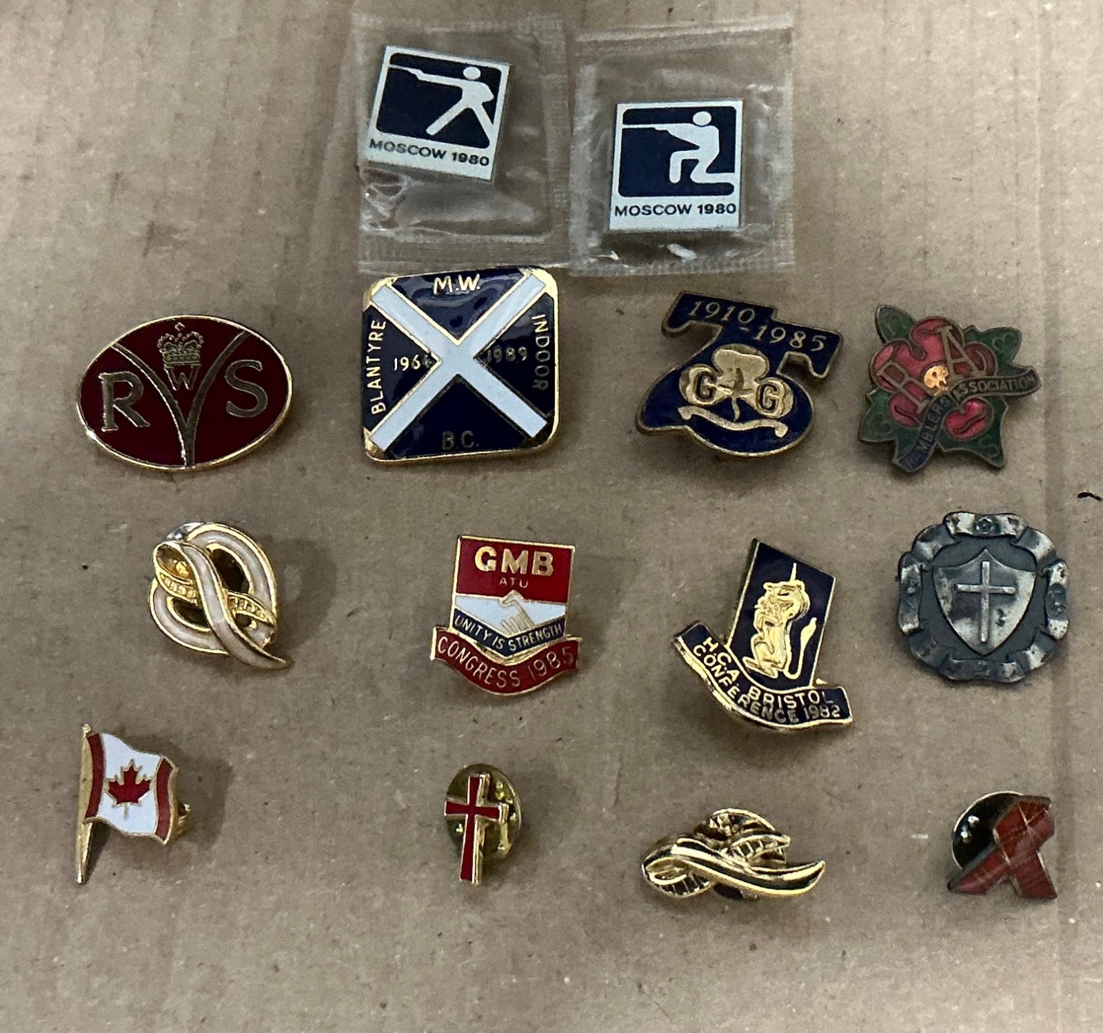 Job Lot Vintage Enamel Badges Pins WRVS GMB Trade Union Olympic Bowls Canada