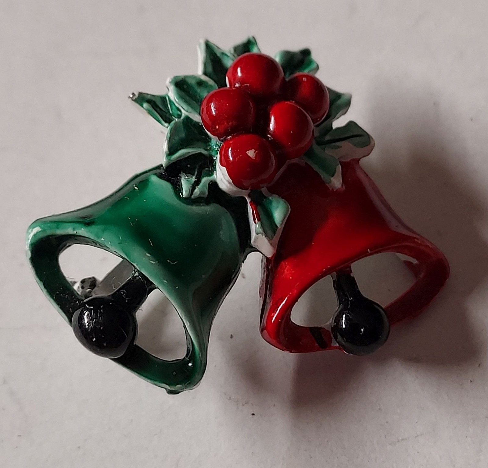 Viintage Christmas Painted Metal Brooch / Pin Two Bells w/ Holly - Red & Green