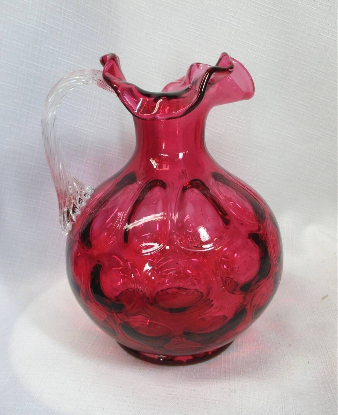 FENTON CRANBERRY THUMBPRINT PITCHER APPLIED CLEAR HANDLE RUFFLED TOP 7\
