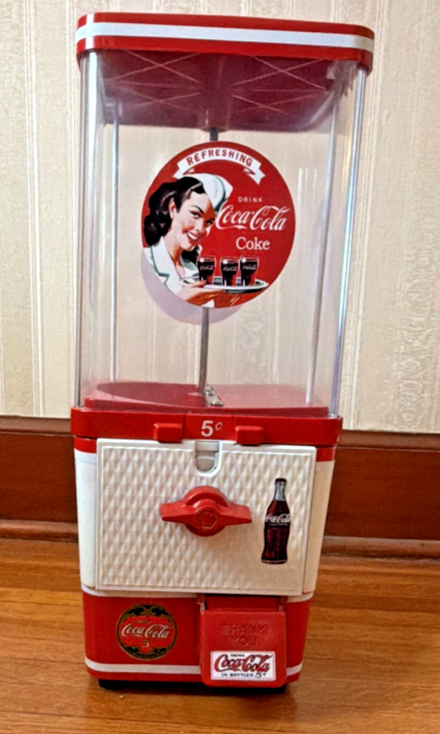 Coca-Cola Themed Tabletop Gumball/Candy Vending Machine Red & White 5¢ Coin Slot