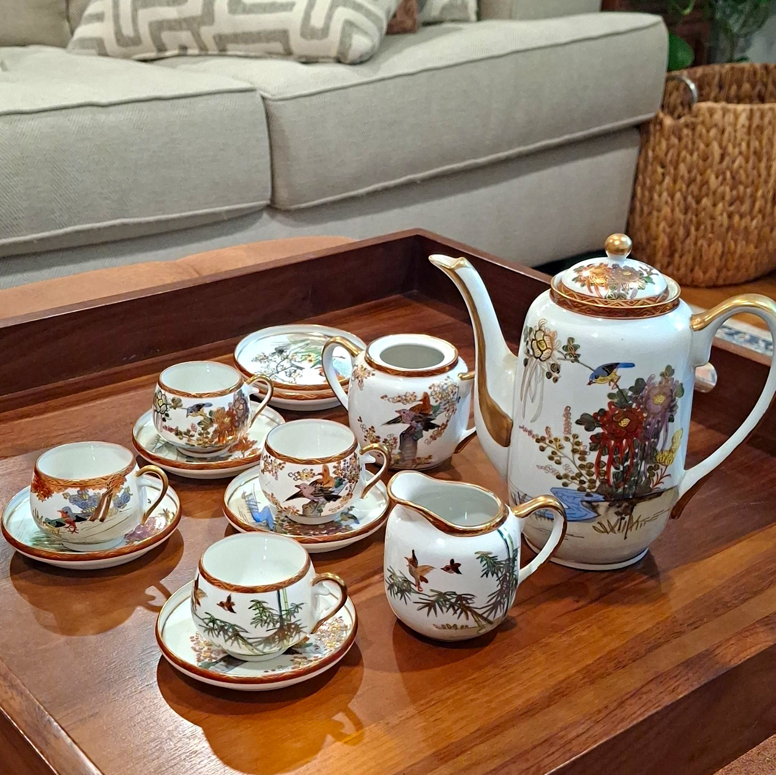 Exquisite, Mid-Century Kutani Eggshell Porcelain Tea Set, Geisha, 13 Piece Set Exquisite, Mid-Century Kutani Eggshell Porcelain Tea Set, Geisha, 13 Piece Set