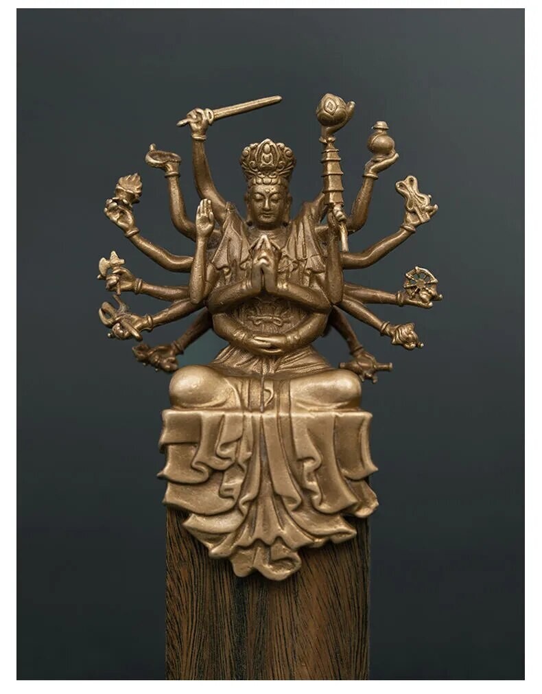 Multi-Armed Quan Yin Brass w/ Wood Block and Gift Box Buddhist Goddess Statue