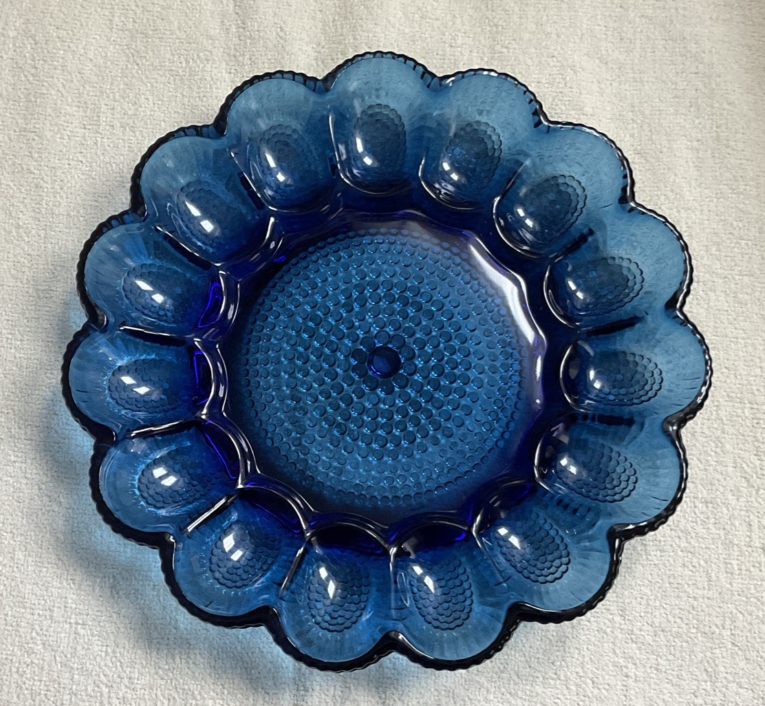 Indiana Glass Brilliant Cobalt Blue Flashed Hobnail Deviled Egg Plate 11 Inch