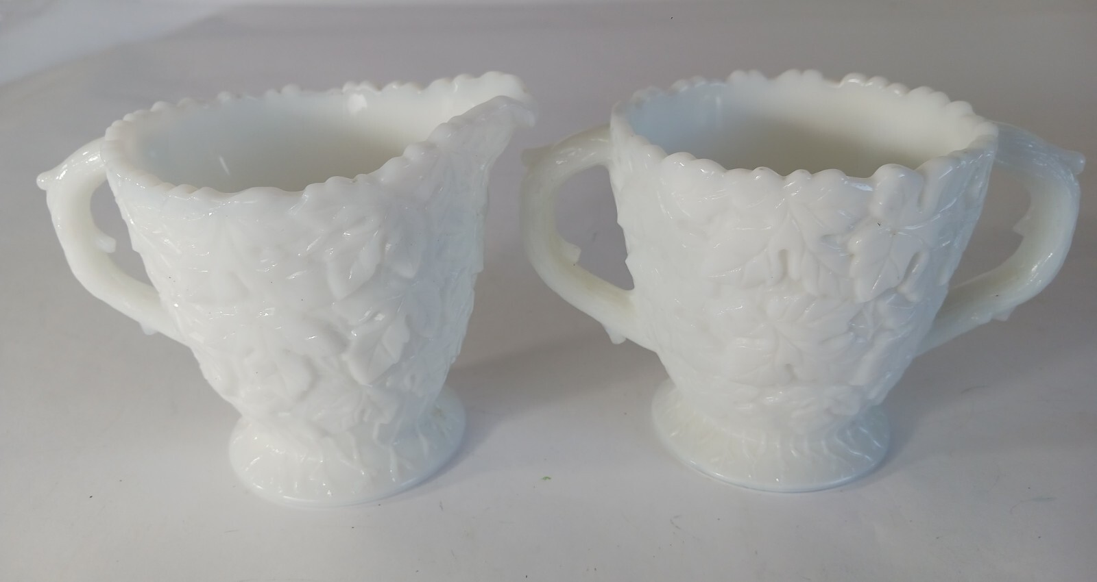 1950s Westmoreland Bramble Maple Leaf Milk Glass Sugar and Creamer set, VG Cond