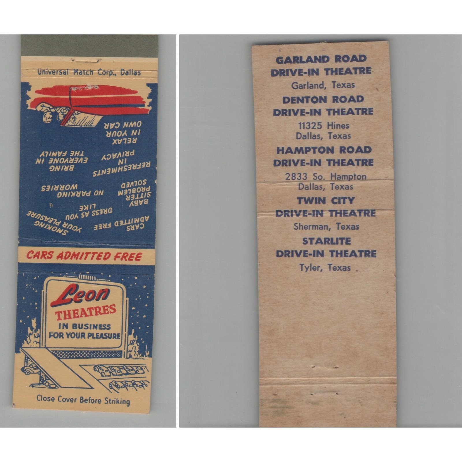 Matchbook Cover Leon Theatres Dallas TX Matchbook Cover Leon Theatres Dallas TX