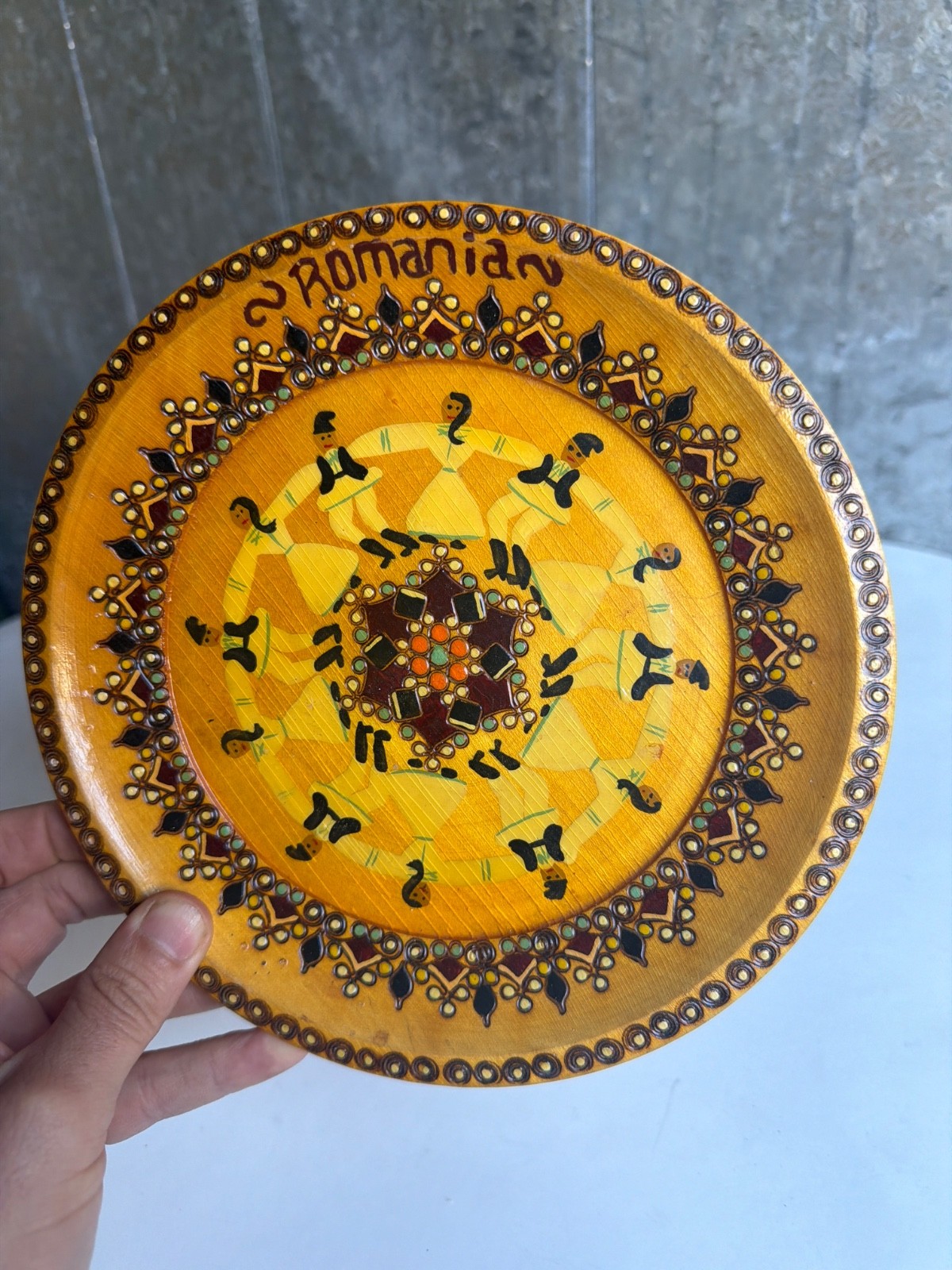 Vintage Romania Folk Art Wooden Decorative Plate Dancers Geometric Wall Decor