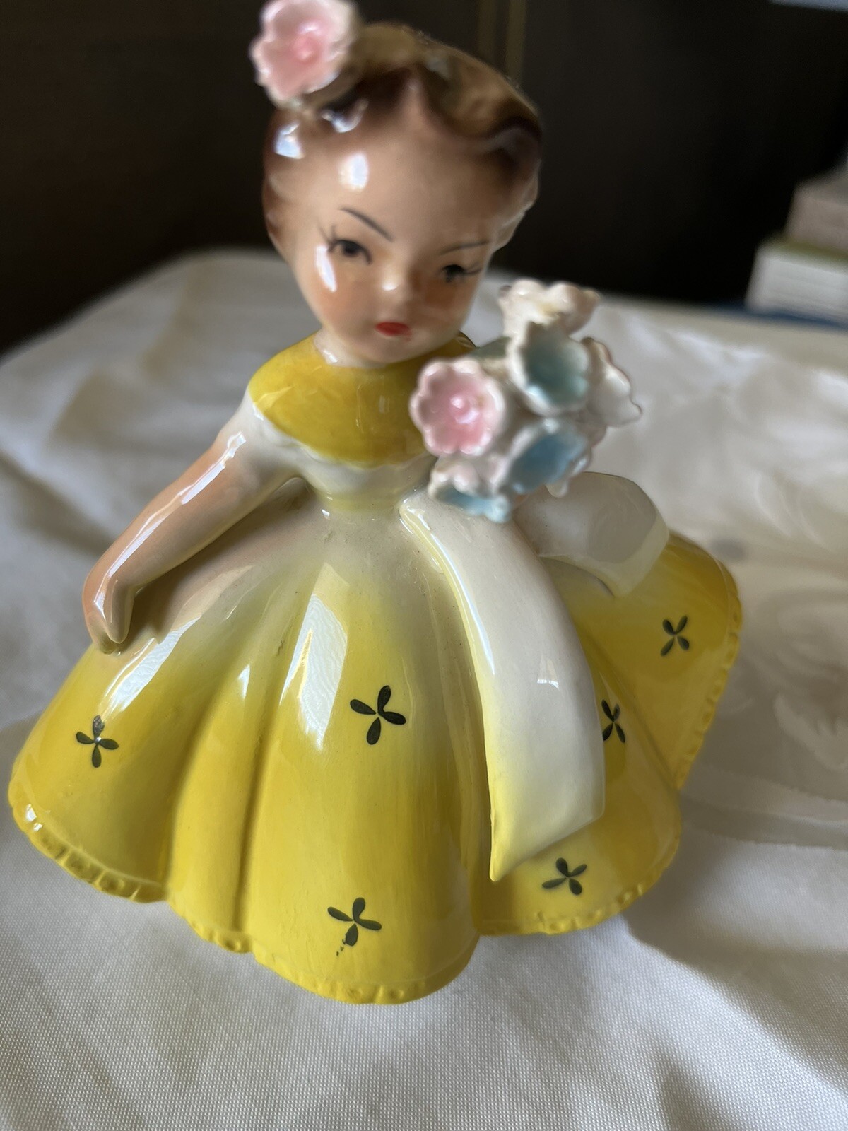 Norcrest girl Figurine With Flowers Yellow Dress