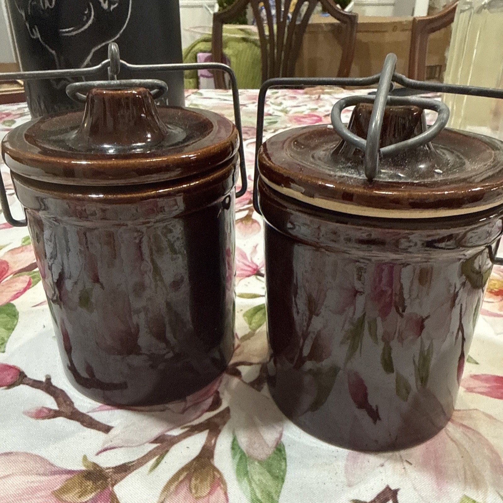 Vintage Brown Cheese/Butter Glazed Crock Pottery with Snap Lid Set Of 2