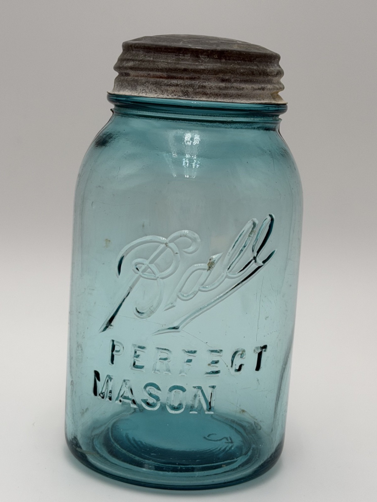 Ball Jar Perfect Mason Off Center #2 RARE 1910-1923 Vintage Blue W/ Zinc Lid