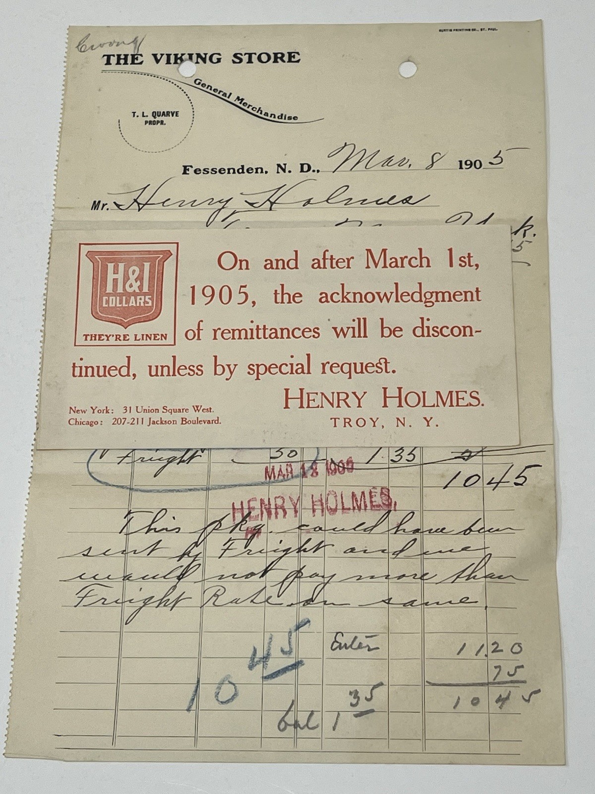 1905 Viking Store Fessenden ND Invoice Henry Holmes H&L Collars Advertising