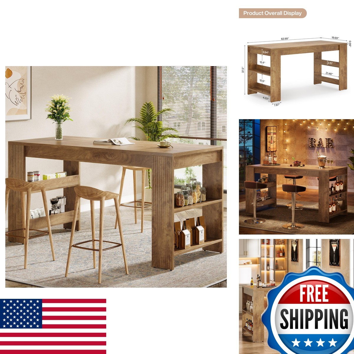 Tribesigns 63-Inch Farmhouse Counter Height Bar Table with Storage Shelves