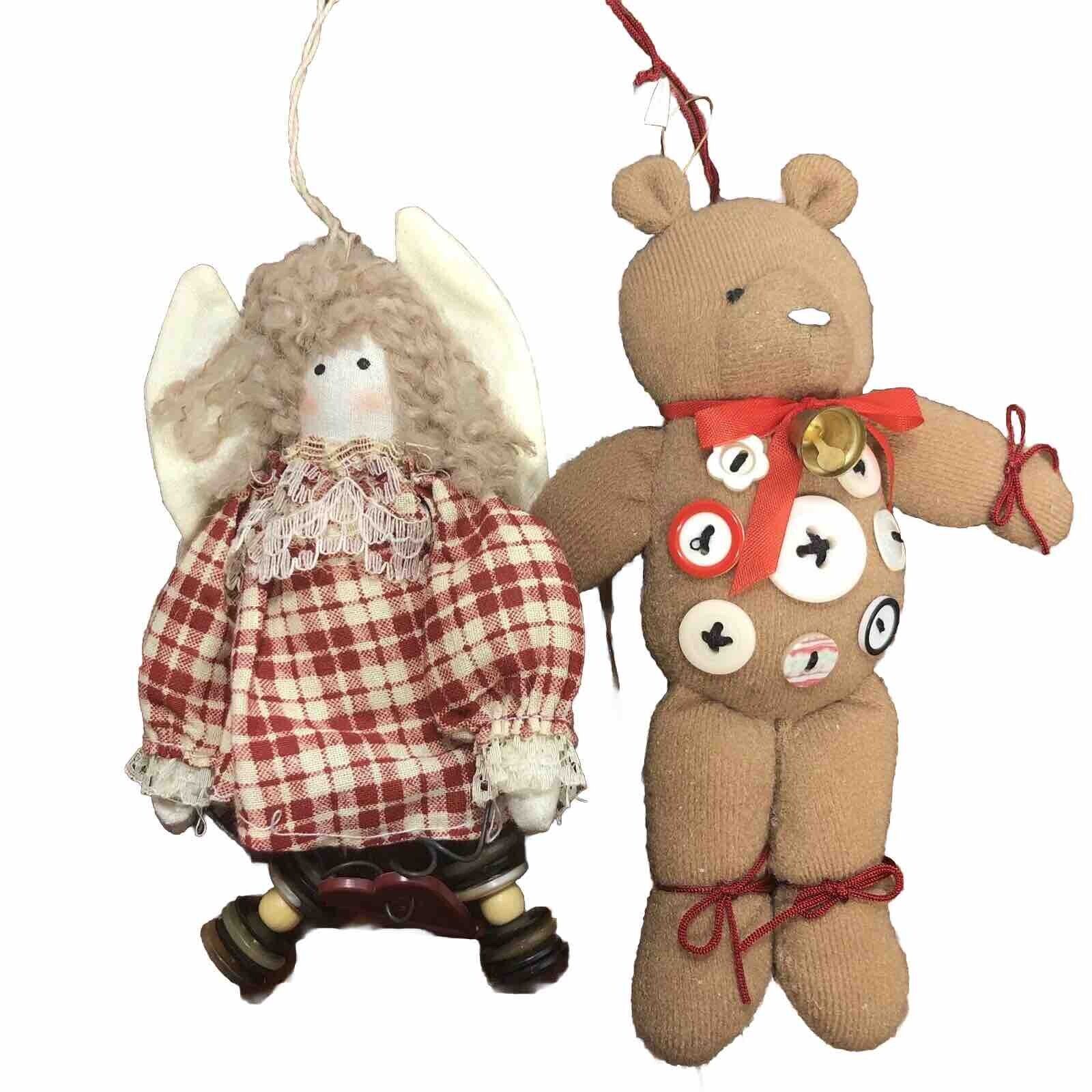 Primitive Rustic Country Christmas Ornaments W/ Buttons Angel & Bear Farmhouse