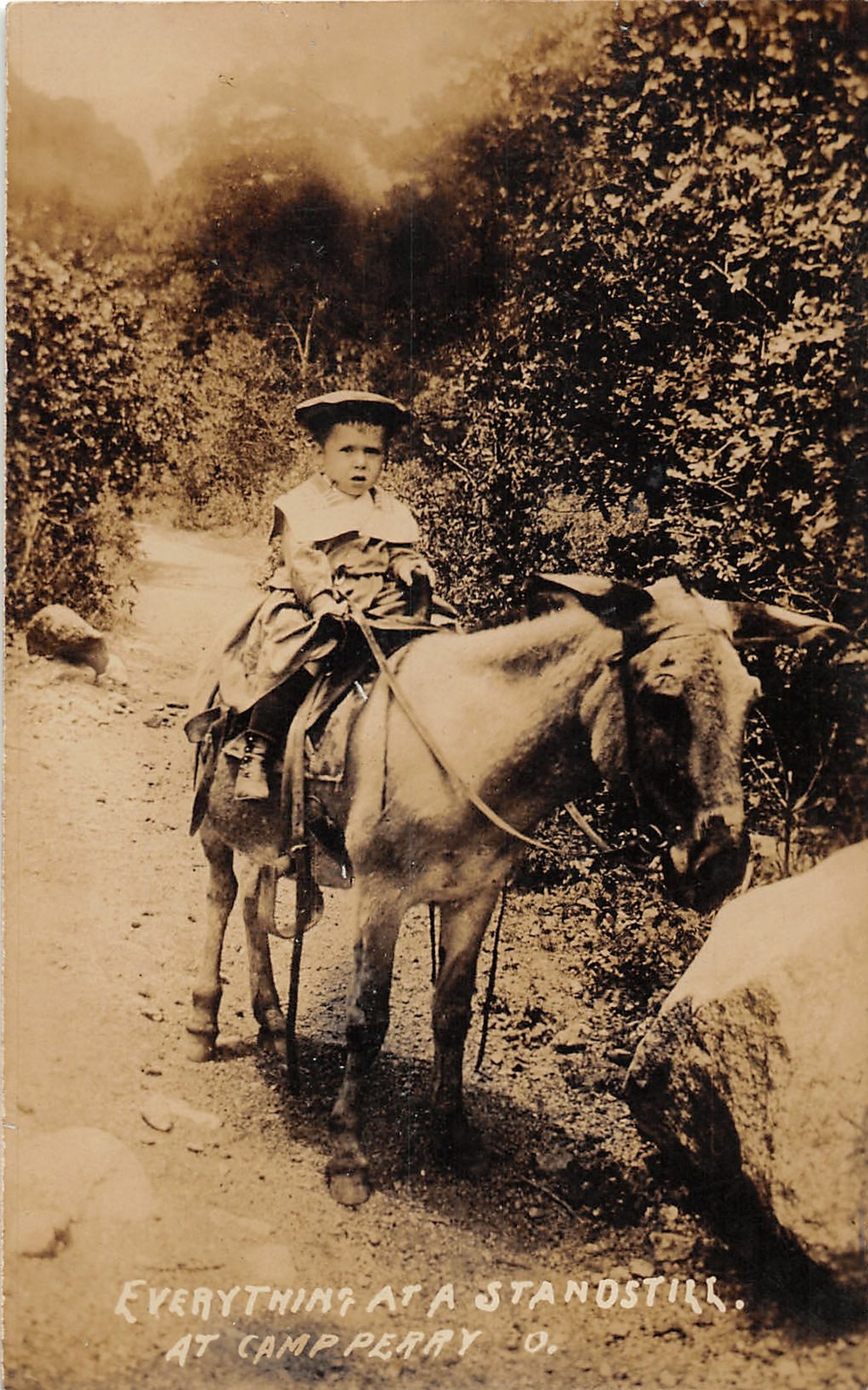 J28/ Camp Perry Ohio RPPC Postcard c1910 Mule Ride Child Military 117