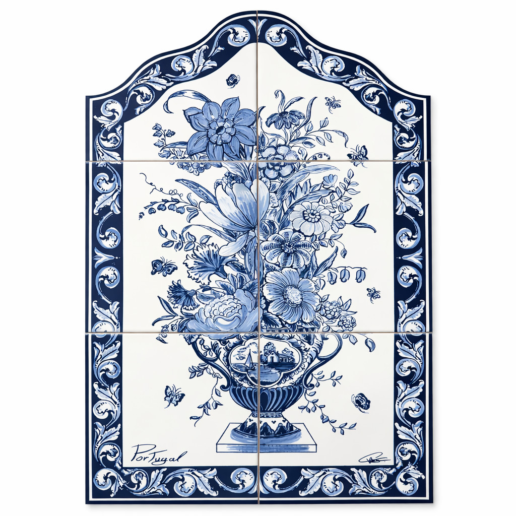 Portuguese Ceramic Tile Wall Panel – Blue Floral Vase with Azulejo Border