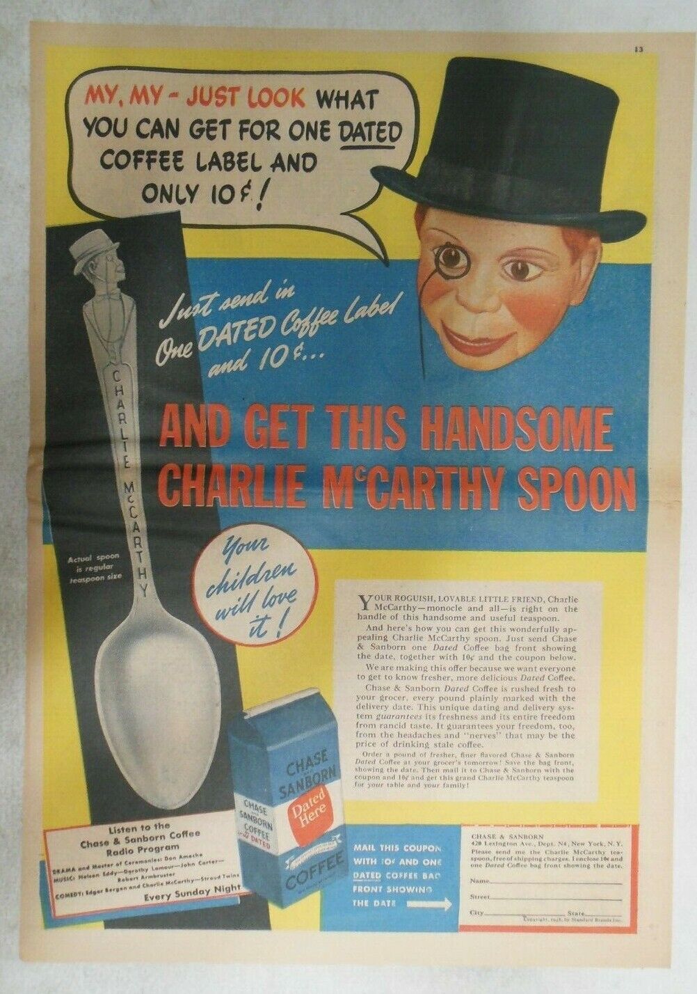 Charlie McCarthy Premium Ad for Chase and Sanborn Coffee 1938 11  x 15 inches