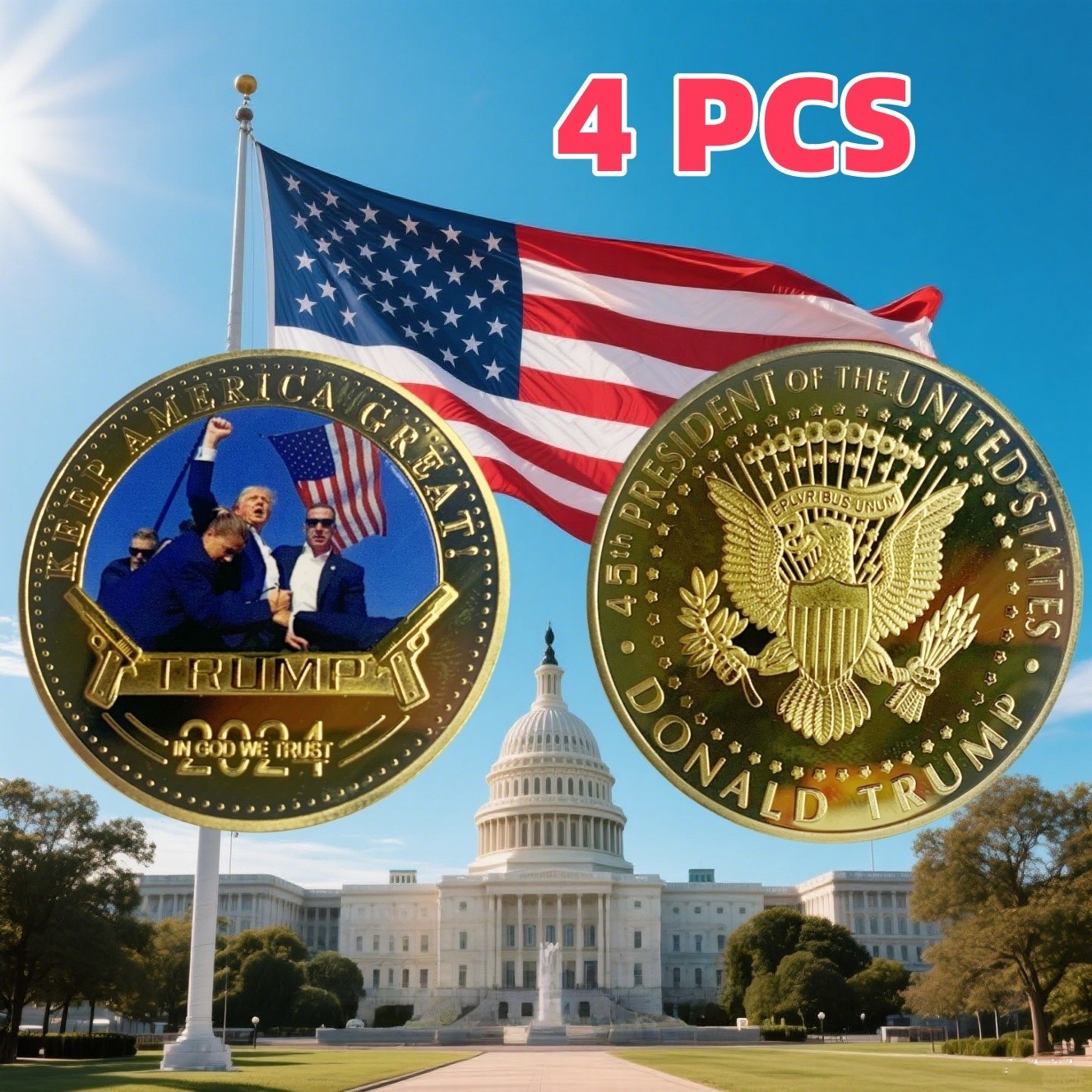 4 PCS 2024 President Trump Commemorative Coin Take America Back Metal Coin